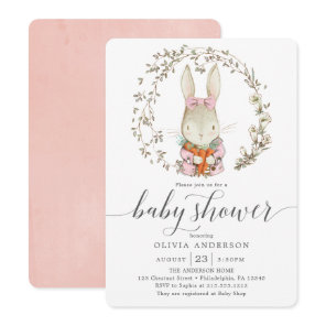 Vintage Rabbit Botanical Pink Girl Baby Shower Invitation
