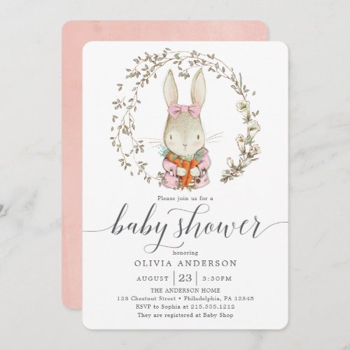 Vintage Rabbit Botanical Pink Girl Baby Shower Invitation