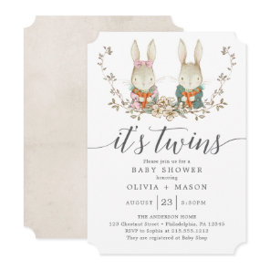 Vintage Rabbit Botanical Twin Baby Shower Invitation
