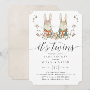 Vintage Rabbit Botanical Twin Baby Shower Invitation