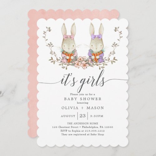 Vintage Rabbit Botanical Twin Baby Shower Invitation