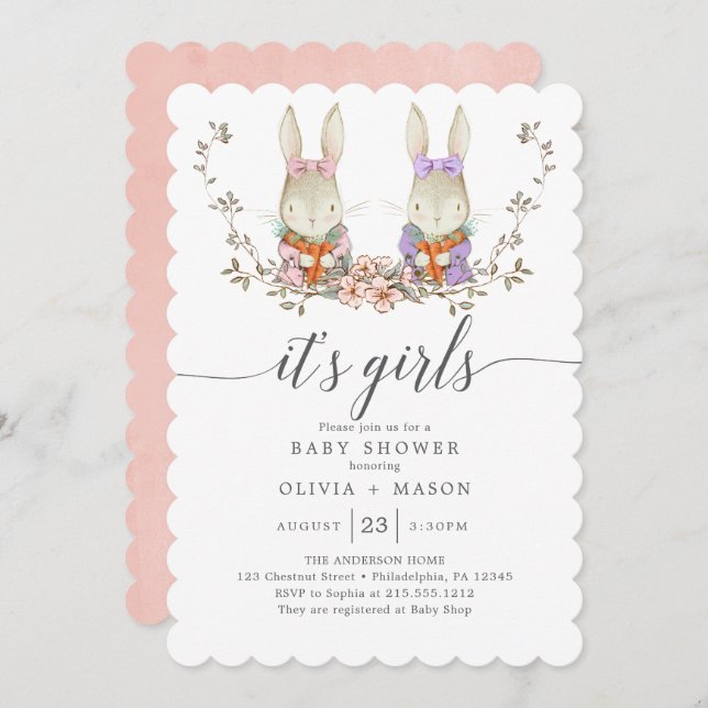 Vintage Rabbit Botanical Twin Baby Shower Invitation (Front/Back)