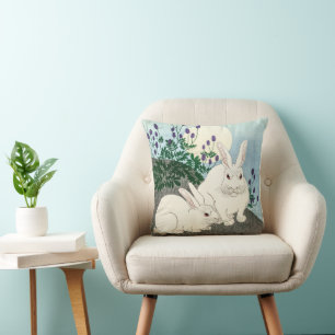 Vintage Rabbit Bunny Couple at Full Moon Throw Pillow
