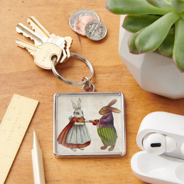 Vintage Rabbit Couple in Victorian Clothing Keychain (Desk)