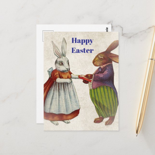 Vintage Rabbit Couple in Victorian Clothing Postcard (Front/Back In Situ)