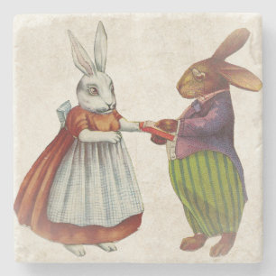 Vintage Rabbit Couple in Victorian Clothing Stone Coaster