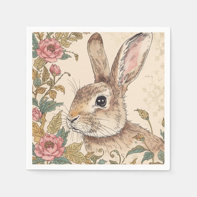 Vintage Rabbit, Cute Bunny Rabbit, Flowers Pattern Napkins (Front)