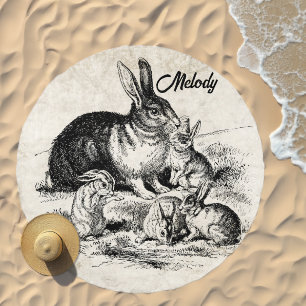 Vintage Rabbit Family Illustration, Baby Bunnies Beach Towel