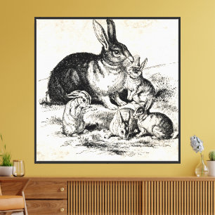 Vintage Rabbit Family Illustration, Baby Bunnies Canvas Print