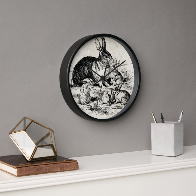 Vintage Rabbit Family Illustration, Baby Bunnies Clock (Office)