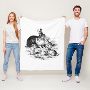 Vintage Rabbit Family Illustration, Baby Bunnies Fleece Blanket