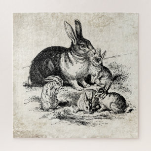 Vintage Rabbit Family Illustration, Baby Bunnies Jigsaw Puzzle