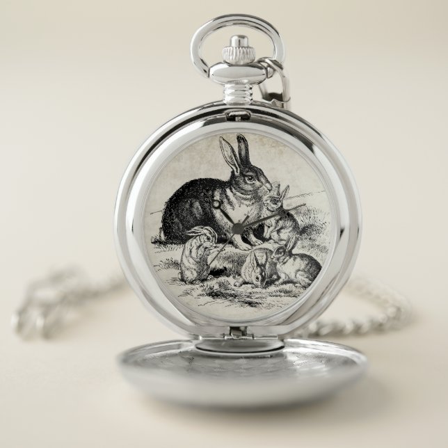 Vintage Rabbit Family Illustration, Baby Bunnies Pocket Watch (Inside)