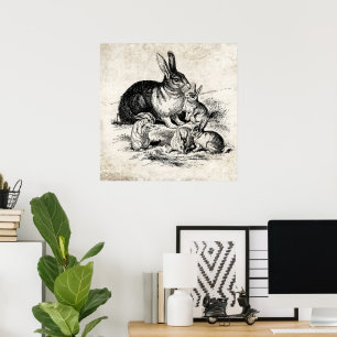 Vintage Rabbit Family Illustration, Baby Bunnies Poster