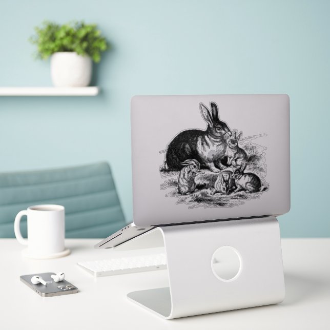 Vintage Rabbit Family Illustration, Baby Bunnies Sticker (Laptop On Desk)
