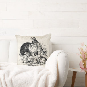 Vintage Rabbit Family Illustration, Baby Bunnies Throw Pillow