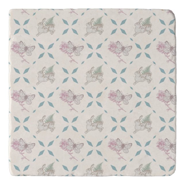 Vintage Rabbit, Fern, Butterfly and Flower Pattern Trivet (Front)