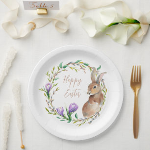 Vintage Rabbit Floral Wreath Flower Easter Bunny Paper Plates
