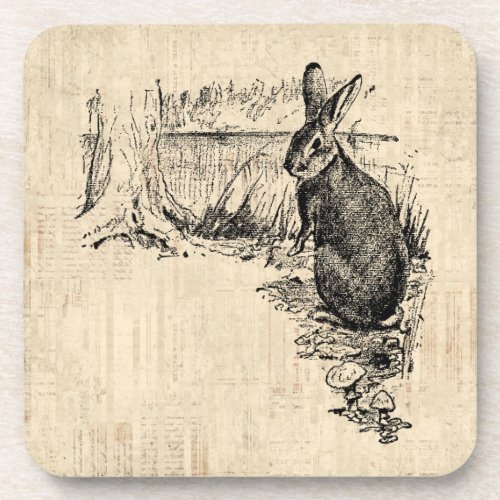 Vintage Rabbit Illustrated Bunny Art Beverage Coaster