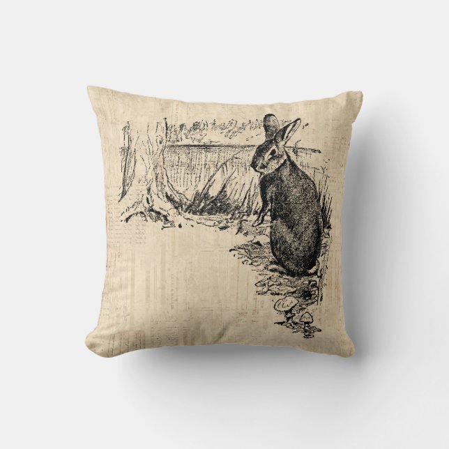Vintage Rabbit Illustrated Bunny Art Throw Pillow (Front)