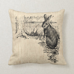Vintage Rabbit Illustrated Bunny Art Throw Pillow