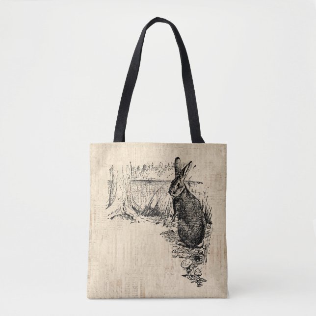 Vintage Rabbit Illustrated Bunny Art Tote Bag (Front)