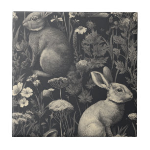 Vintage Rabbit Toile Black Botanical Pattern Ceramic Tile