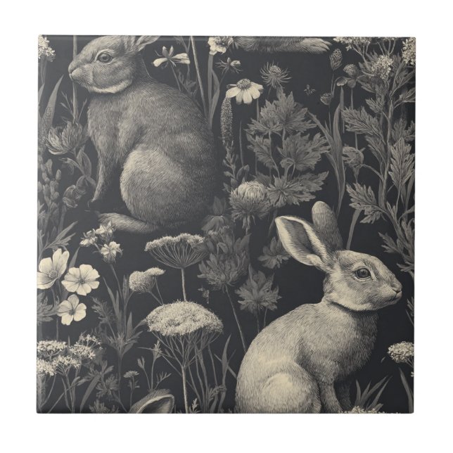 Vintage Rabbit Toile Black Botanical Pattern Ceramic Tile (Front)