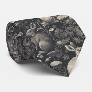 Vintage Rabbit Toile Black Botanical Pattern Neck Tie