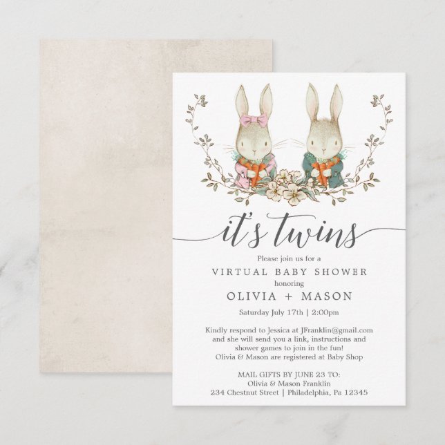 Vintage Rabbit Virtual Baby Shower Invitation Twin (Front/Back)