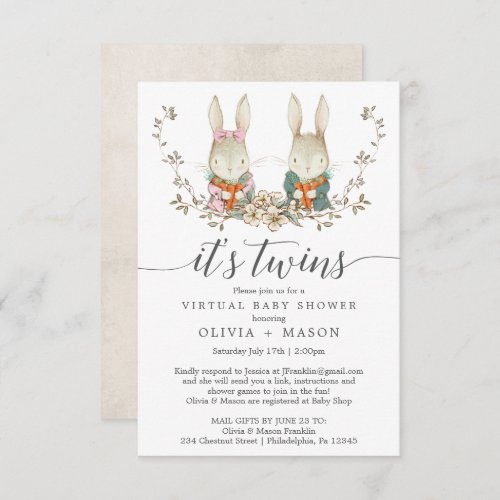 Vintage Rabbit Virtual Baby Shower Invitation Twin