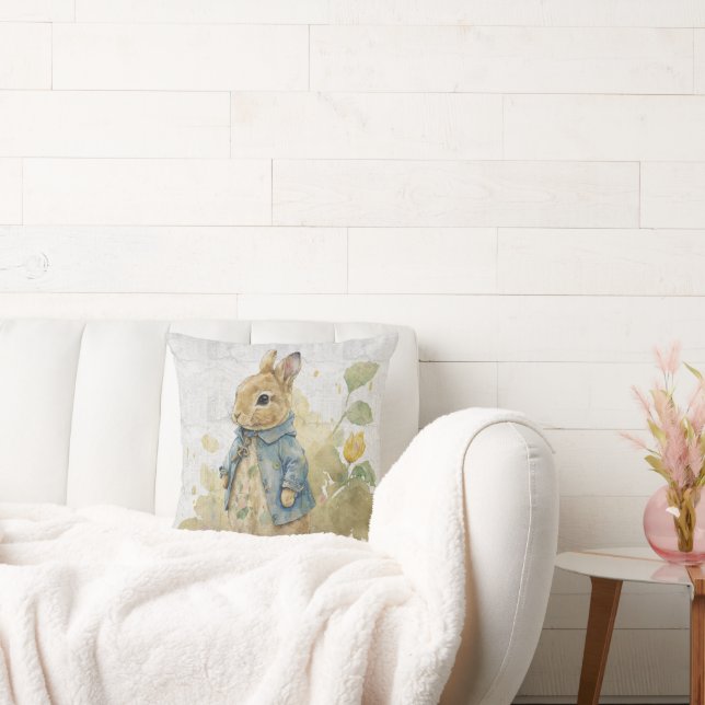  vintage  rabbit with flowers throw pillow (Couch)