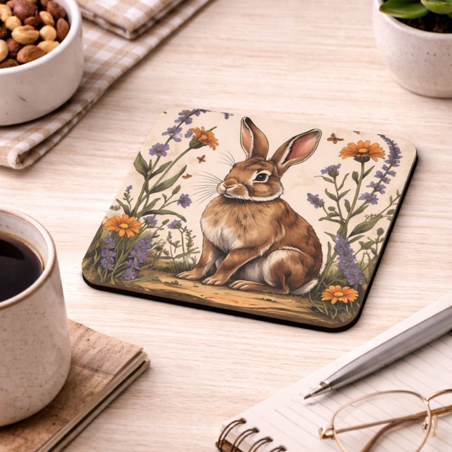 Vintage Rabbit with Wildflowers Beverage Coaster (Creator Uploaded)