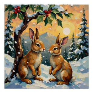 Vintage Rabbits Beneath the Holly Tree Christmas Poster