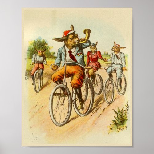 Vintage Rabbits Riding Bicycles Illustration Poster