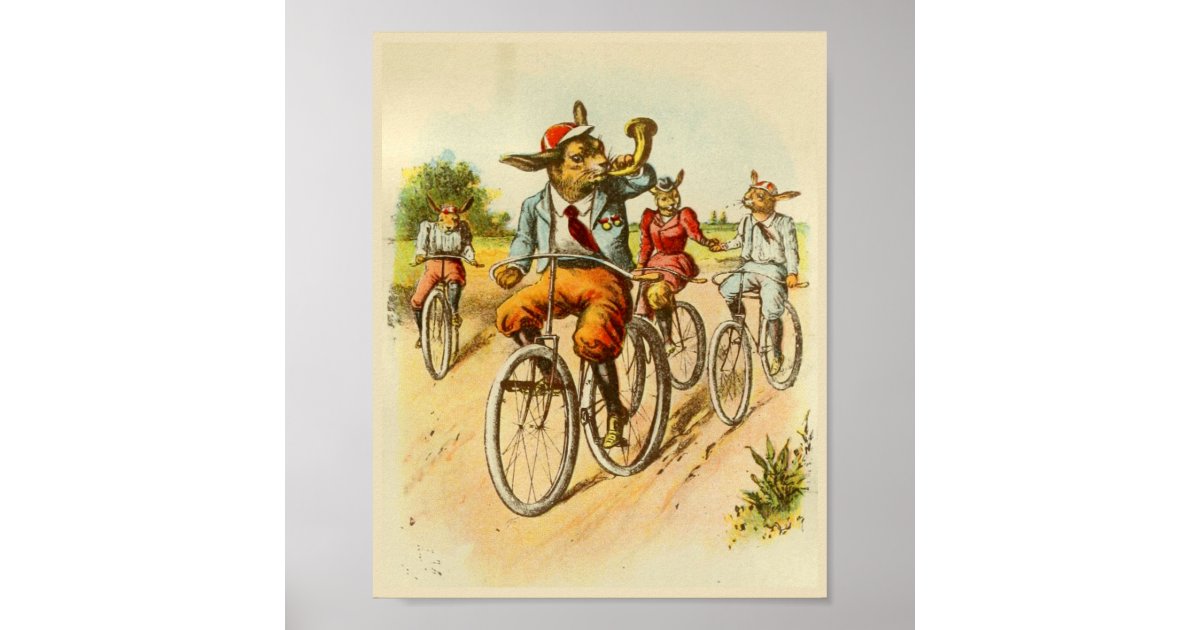Lp Cover Rabbit Riding A Bike Rack Vintage Rabbits Riding Bicycles Illustration Poster | Zazzle