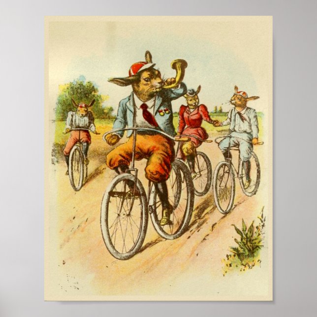 Vintage Rabbits Riding Bicycles Illustration Poster (Front)