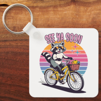 Vintage Raccoon Biking See Ya Soon Retro Sunset  Keychain