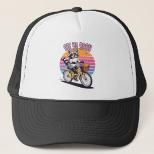 Vintage Raccoon Biking See Ya Soon Retro Sunset Trucker Hat