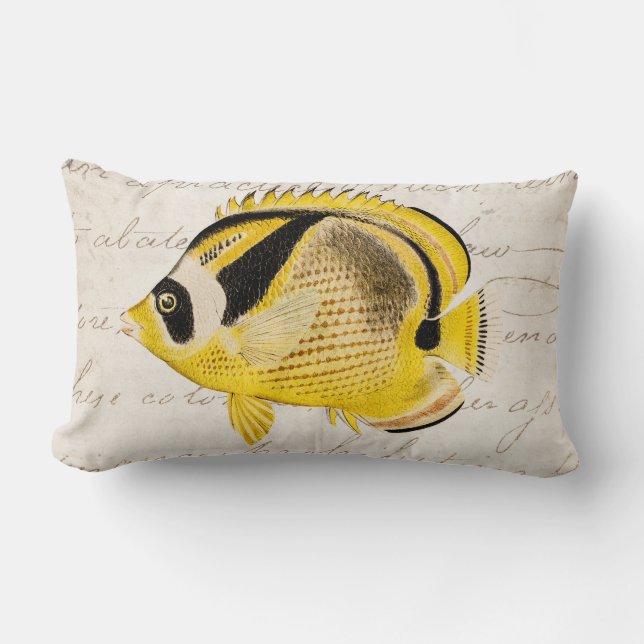 Vintage Raccoon Butterfly Fish - Antique Hawaiian Lumbar Pillow (Front)
