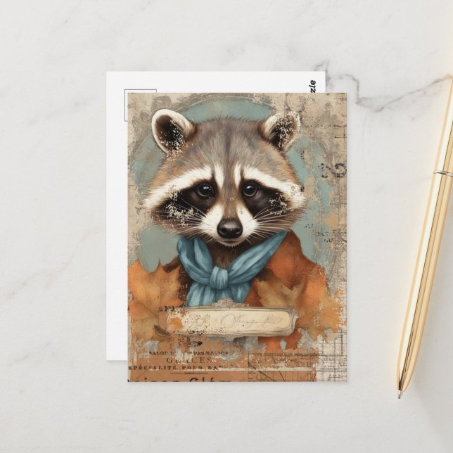 Vintage Raccoon Collage Postcard (Front/Back In Situ)