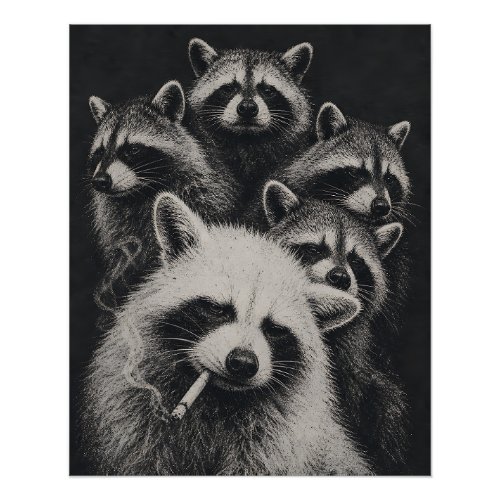 Vintage Raccoon Family Black and White Poster