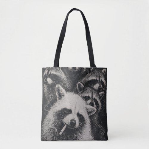 Vintage Raccoon Family Black and White Tote Bag