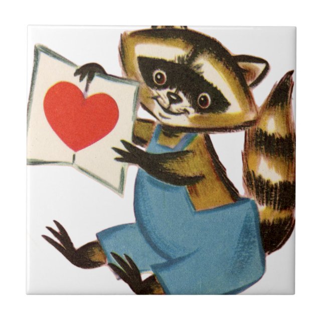 Vintage Raccoon Love Ceramic Tile (Front)