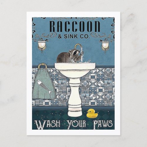 Vintage Raccoon Wash Your Hands Sink Postcard