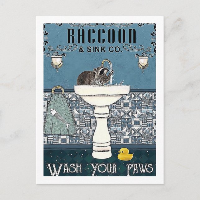 Vintage Raccoon Wash Your Hands Sink Postcard (Front)