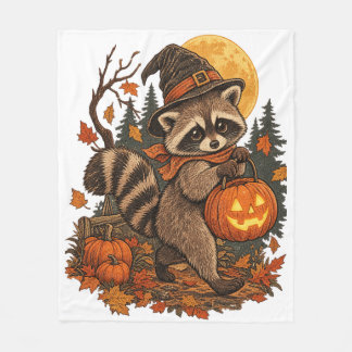 Vintage Raccoon Witch Halloween Pumpkin Fall Autum Fleece Blanket