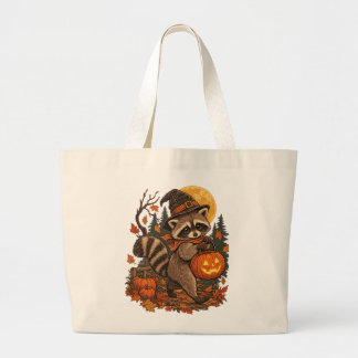 Vintage Raccoon Witch Halloween Pumpkin Fall Autum Large Tote Bag
