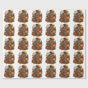 Vintage Raccoon Witch Halloween Pumpkin Fall Autum Wrapping Paper