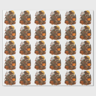 Vintage Raccoon Witch Halloween Pumpkin Fall Autum Wrapping Paper